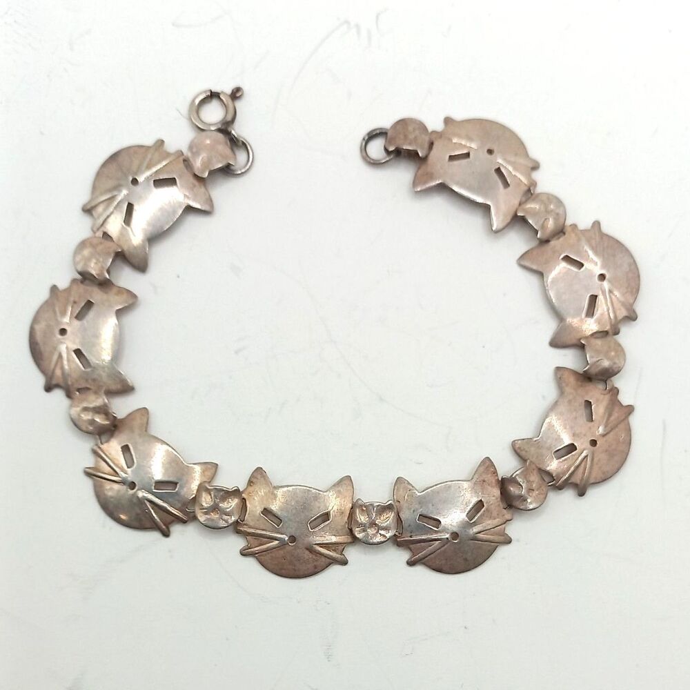 Modernist MCM Sterling CATS! Adorable cat head sterling silver bracelet